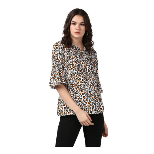 Women Polyester Animal Print Bell Sleeve Top (Orange - Black)