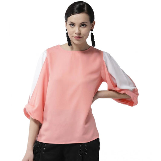 Women Polyester Colour Block Slit Sleeve Top (Pink)