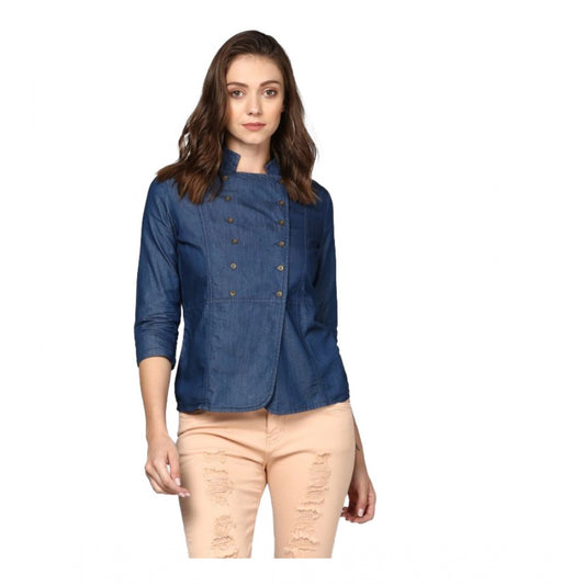 Women Denim Solid 3-4th Sleeves Top (Blue)