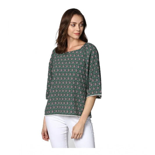 Women Polyester Printed 3-4th Sleeves Top (Green)