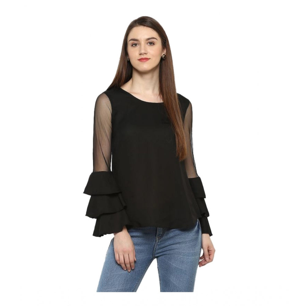 Women Polyester Solid Tier Sleeve Top (Black)