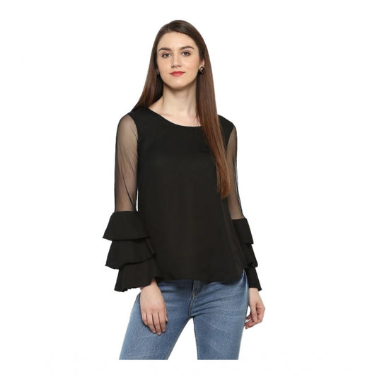 Women Polyester Solid Tier Sleeve Top (Black)