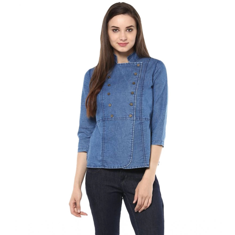 Women Denim Solid 3-4th Sleeves Regular Top (Blue)