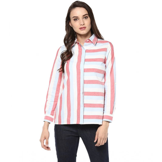 Women Cotton Striped Roll Up Sleeve Regular Top (Red)