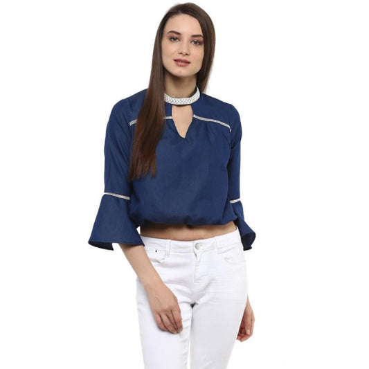 Women Polyester Solid Bell Sleeve Regular Top (Blue)