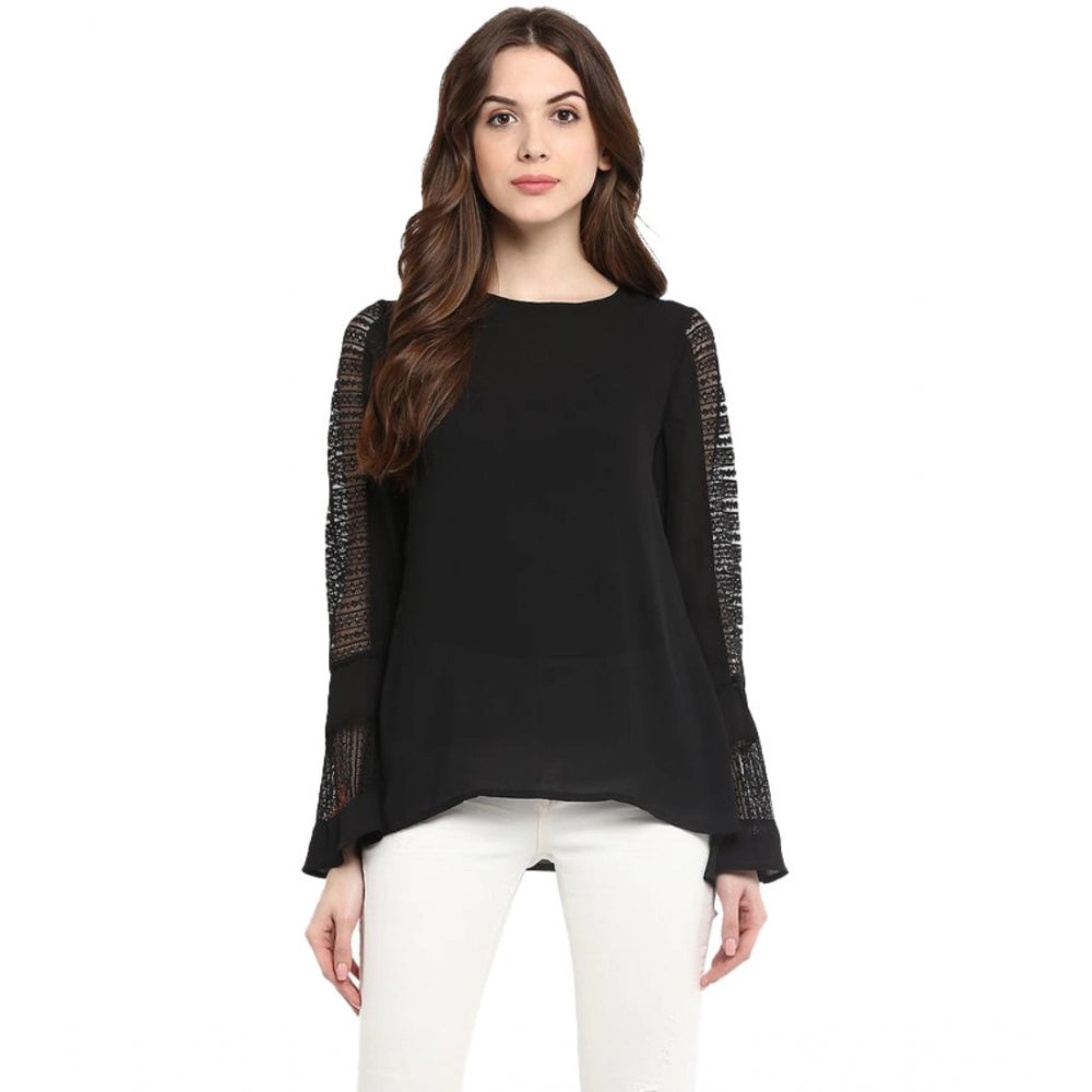 Women Polyester Georgette Self Design Bell Sleeve Regular Top (Black)