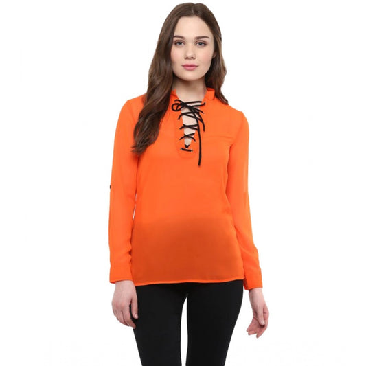 Women Polyester Solid Long Sleeves Regular Top (Orange)