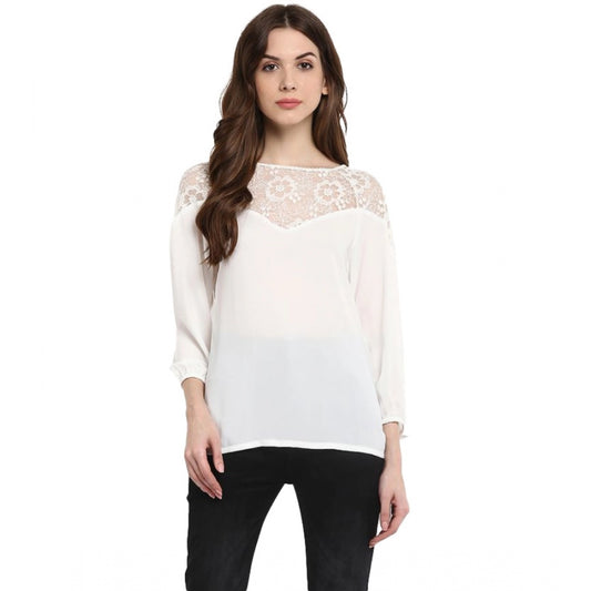 Women Polyester Georgette Self Design 3-4th Sleeves Regular Top (White)