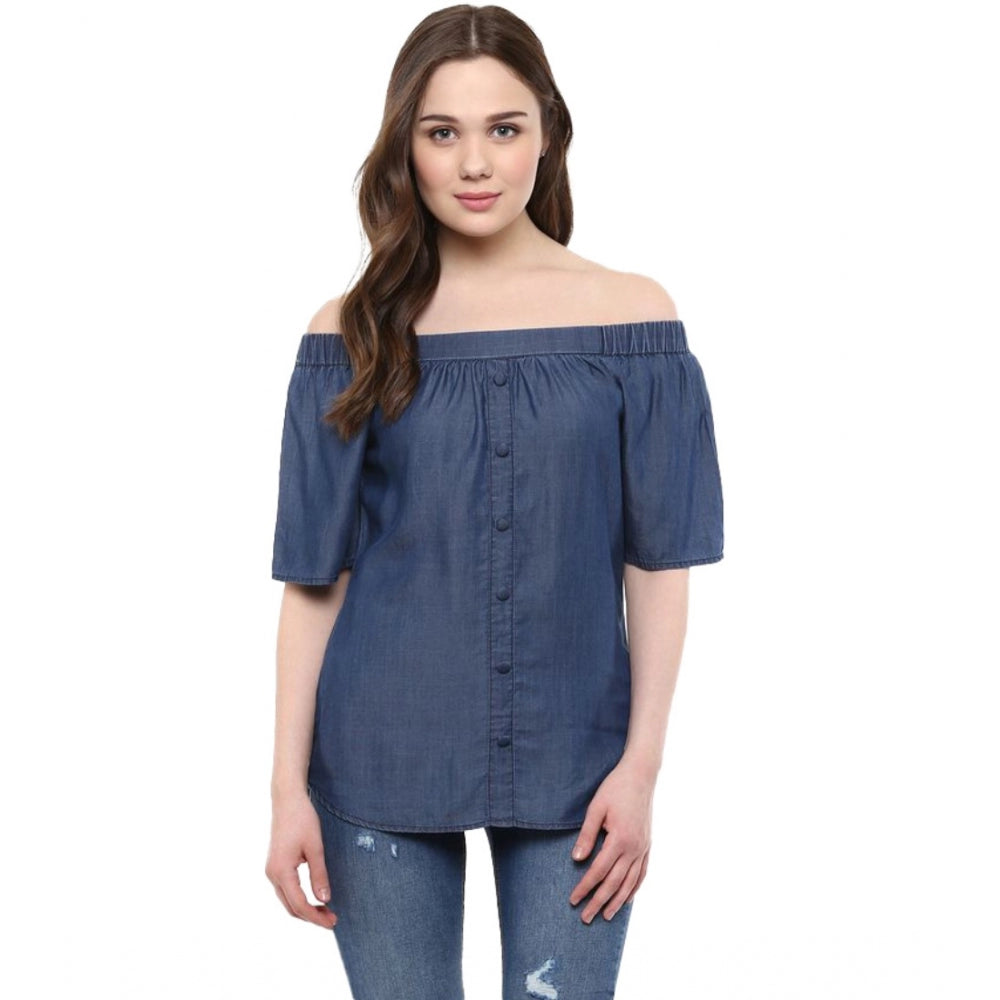 Women Denim Solid Short Sleeve Regular Top (Blue)