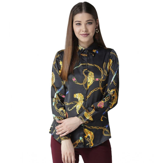 Women Satin Printed Long Sleeves Standard Length Shirt (Black - Gold)
