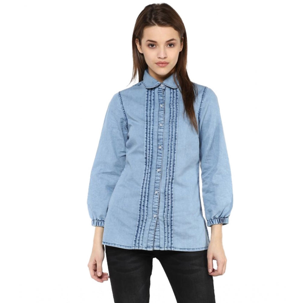 Women Denim Solid 3-4th Sleeves Standard Length Shirt (Blue)