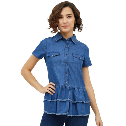 Women Denim Peplum Short Sleeve Top (Blue)