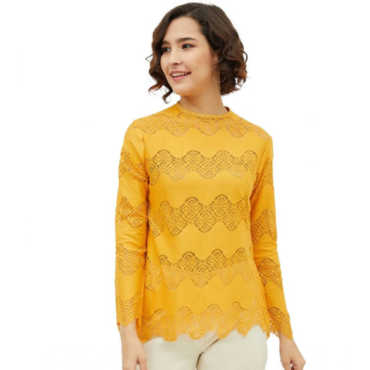 Women Cotton Lace Inserts Long Sleeves Top (Yellow)