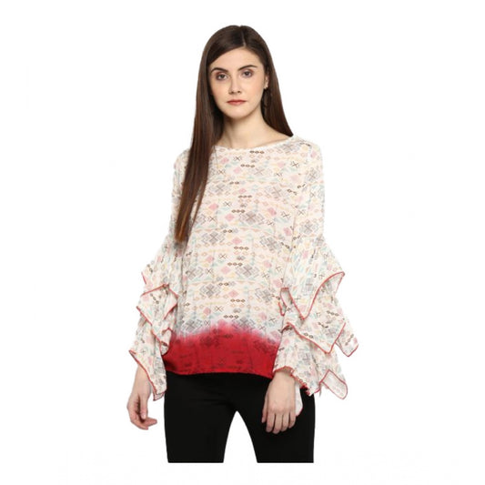 Women Rayon Crepe Printed Ruffle Sleeve Top (Off White - Red)