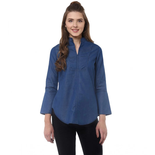 Women Denim Solid Bell Sleeve Regular Top (Blue Denim)