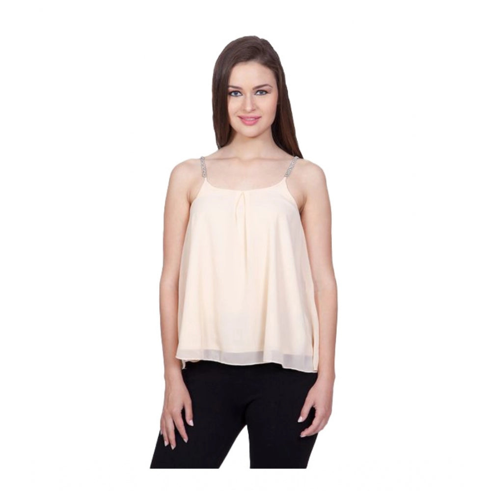 Women Polyester Solid Shoulder Straps Regular Top (Beige)