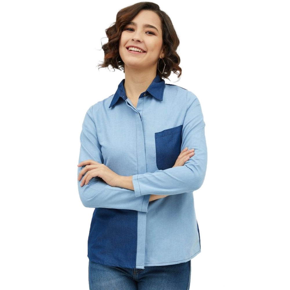 Women Denim Patch Work Long Sleeves Standard Length Shirt (Blue)