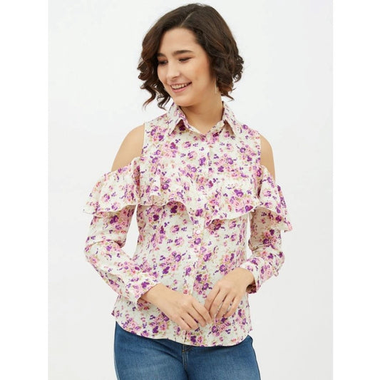 Women Polyester Floral Cold Shoulder Standard Length Shirt (White)