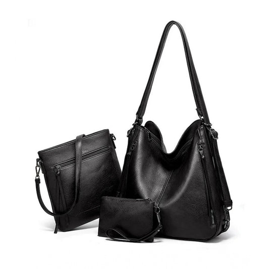 Women PU Leather Medium Shoulder Zipper Handbag (Black)