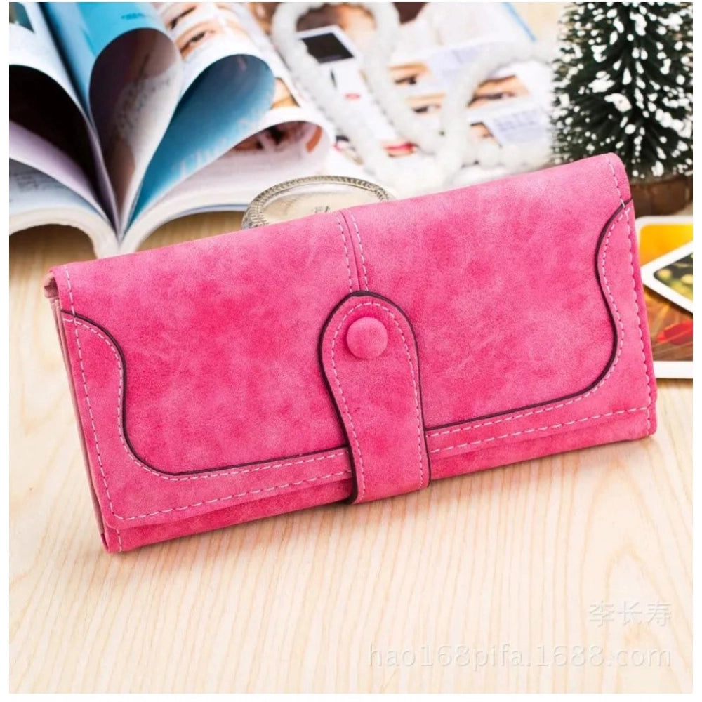 Women Faux Leather Medium Snap Button Wallet (Pink)