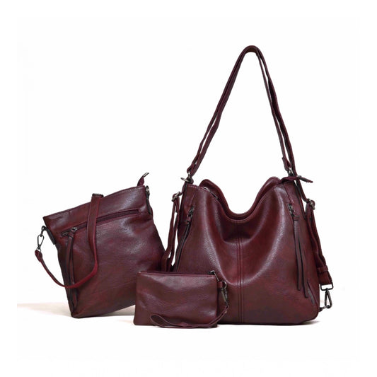Women PU Leather Medium Shoulder Zipper Handbag (Wine red)