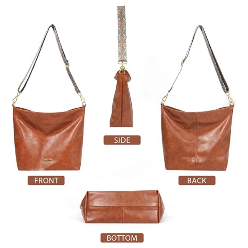 Women PU Leather Medium Sling bag Zipper Handbag (Brown)