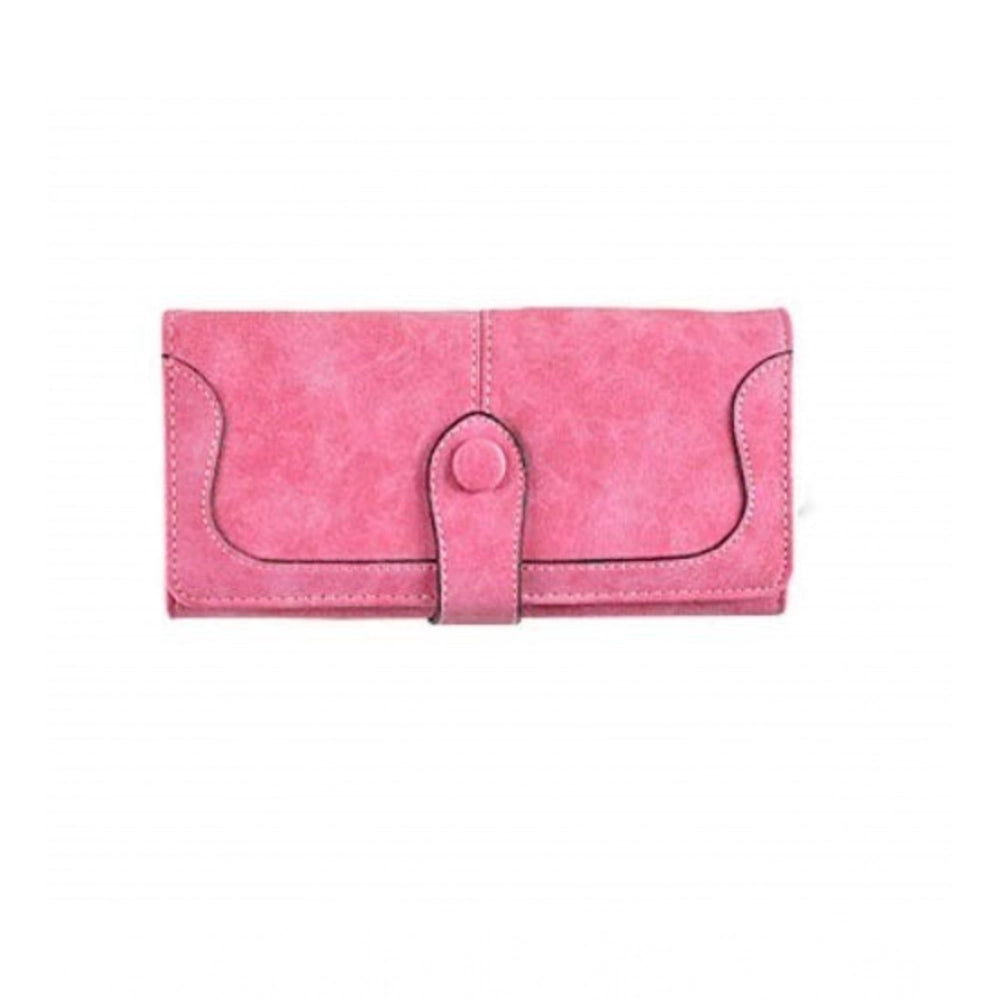 Women Faux Leather Medium Snap Button Wallet (Pink)
