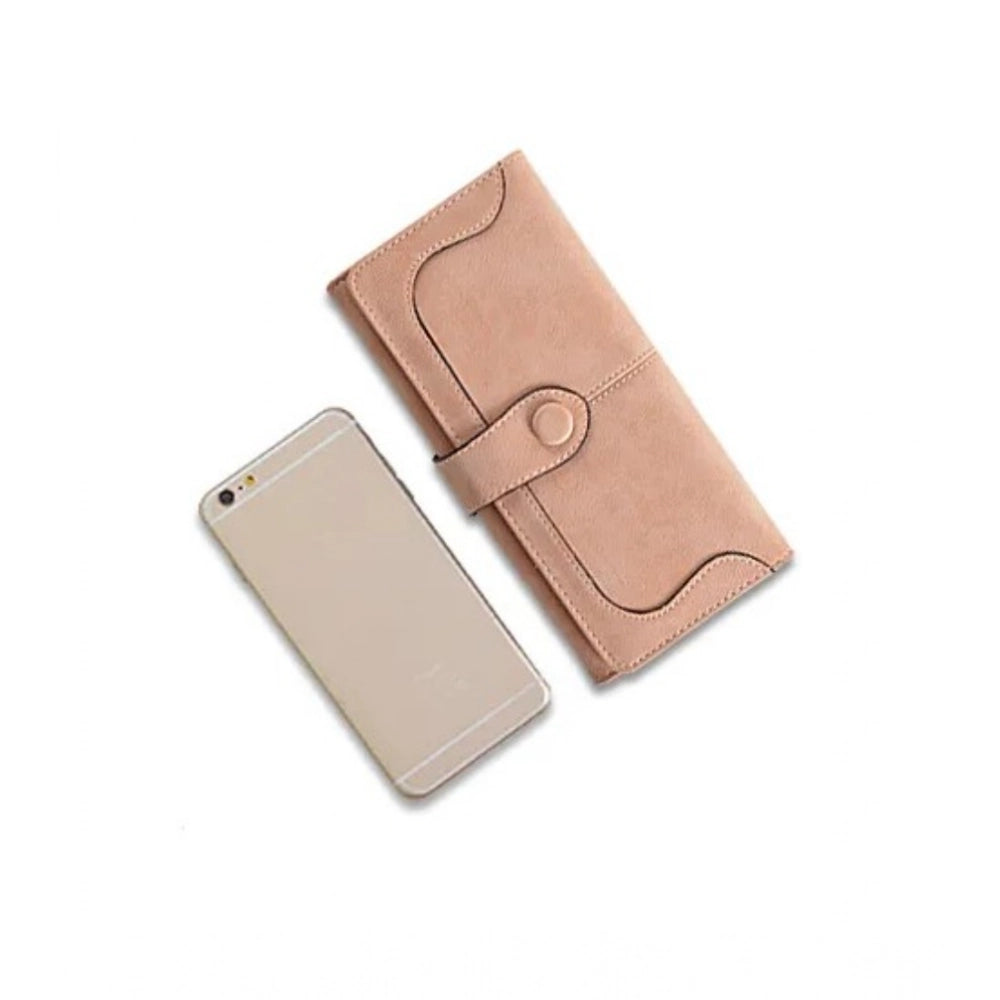 Women Faux Leather Medium Snap Button Wallet (Khakhi)