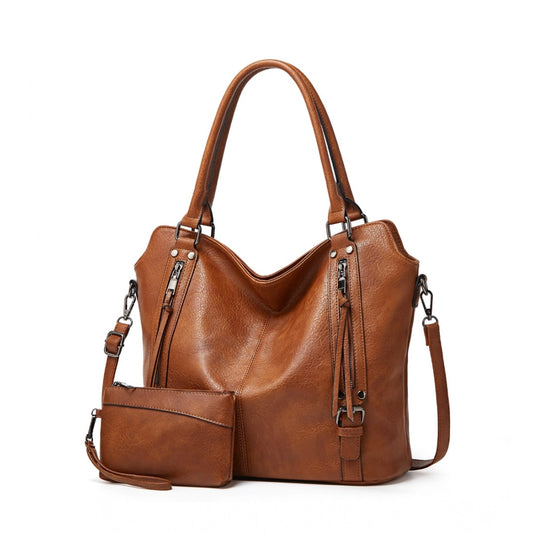 Women PU Leather Large Shoulder Zipper Handbag (Brown)