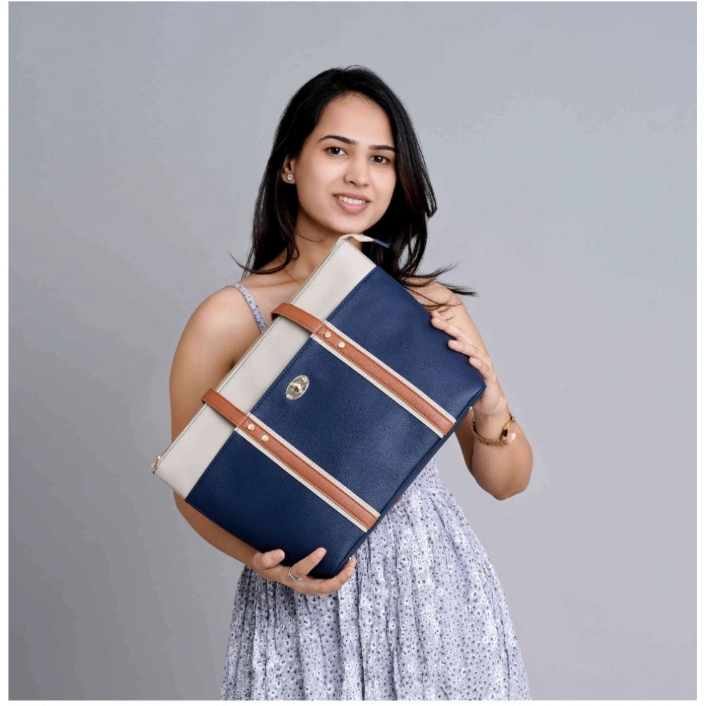 Women Faux Leather Large Shoulder Zipper Handbag (Dark Blue)