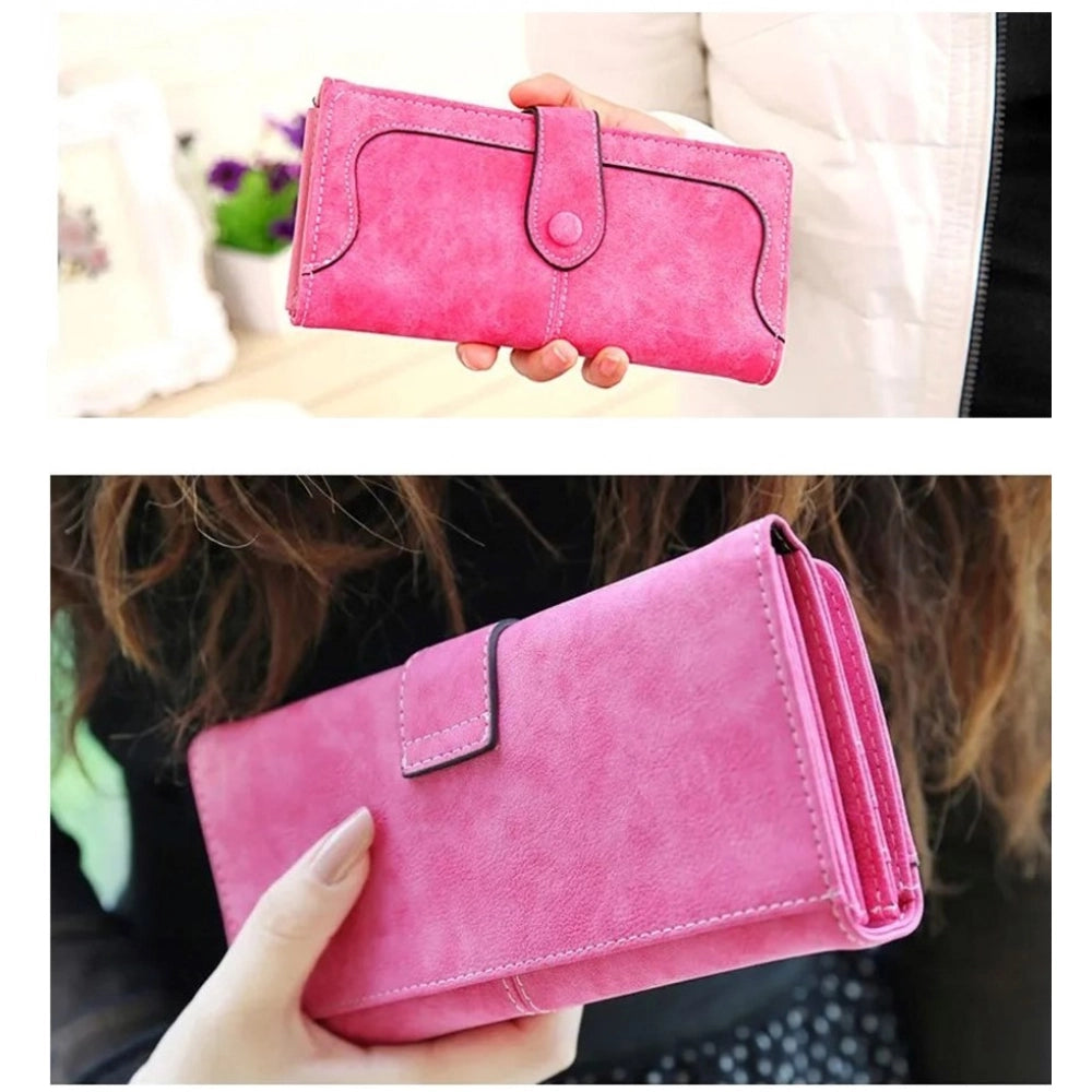 Women Faux Leather Medium Snap Button Wallet (Pink)