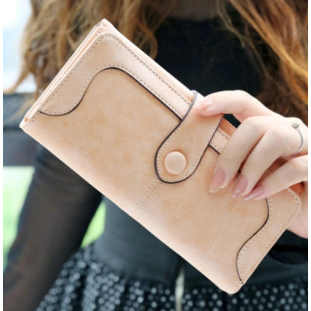 Women Faux Leather Medium Snap Button Wallet (Khakhi)