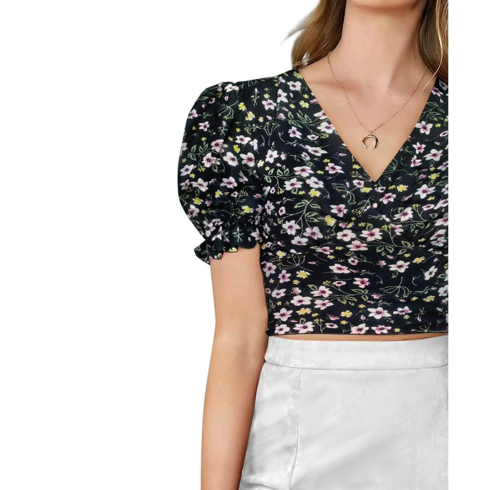 Women Knitting Printed V-Neck Puff Sleeve Tops (Black)