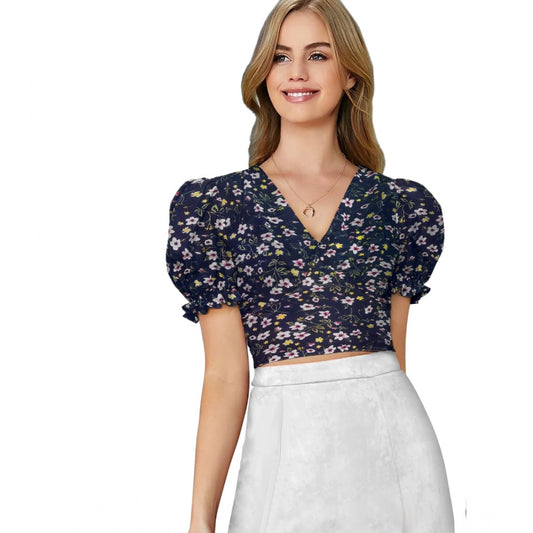 Women Knitting Printed V-Neck Puff Sleeve Tops (Navy Blue)