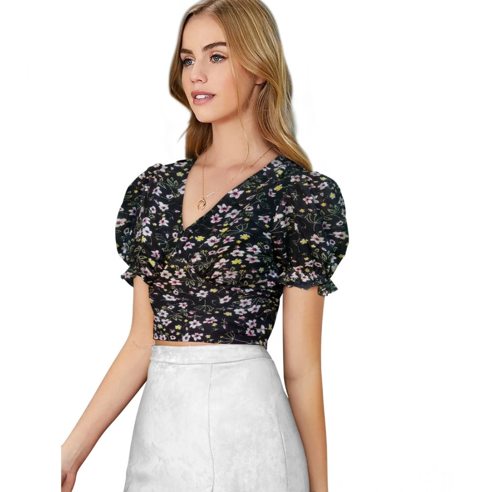 Women Knitting Printed V-Neck Puff Sleeve Tops (Black)