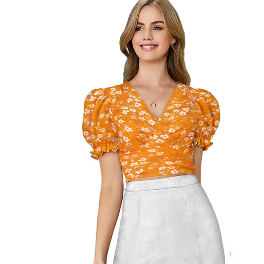 Women Knitting Printed V-Neck Puff Sleeve Tops (Yellow)