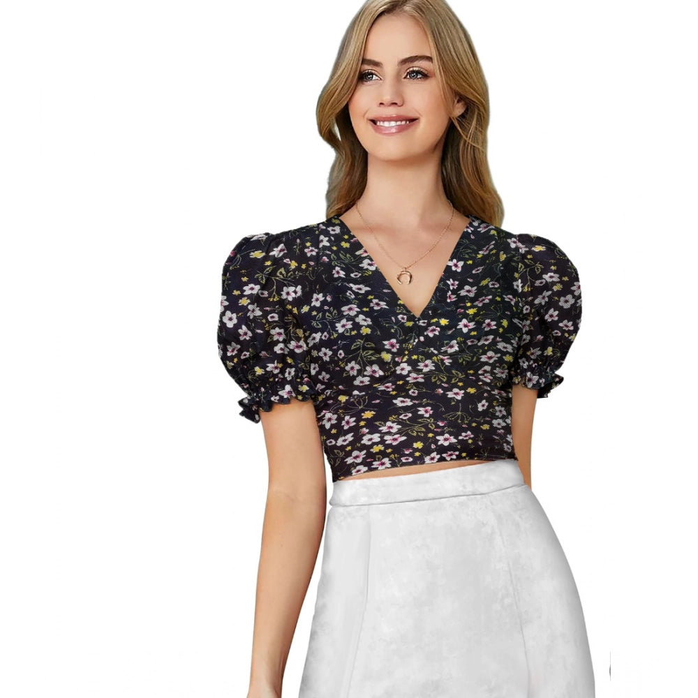 Women Knitting Printed V-Neck Puff Sleeve Tops (Black)