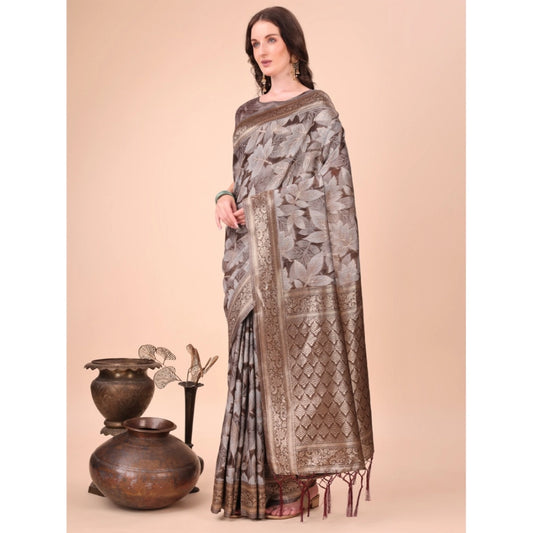 Women Cotton Printed Saree With Unstitched Blouse 5.5Mtr (Brown)