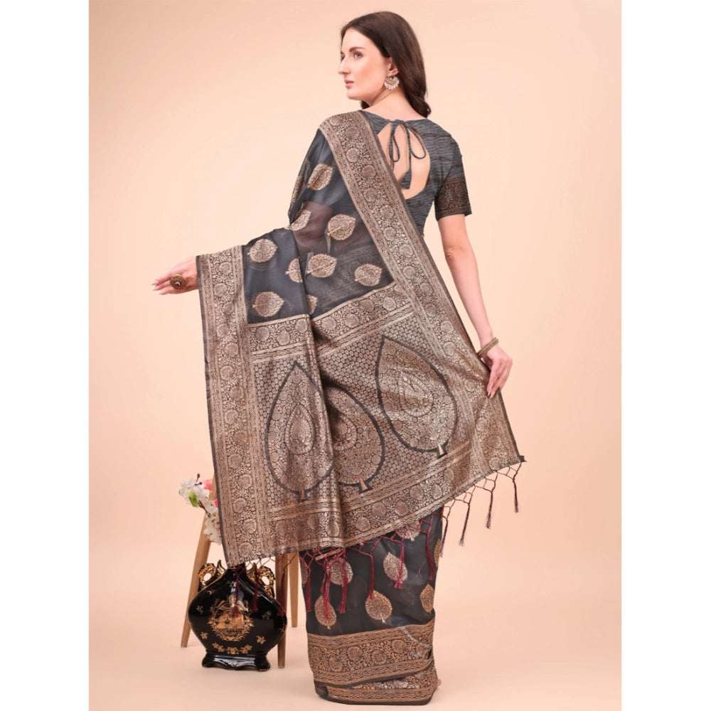 Women Cotton Printed Saree With Unstitched Blouse 5.5Mtr (Black)