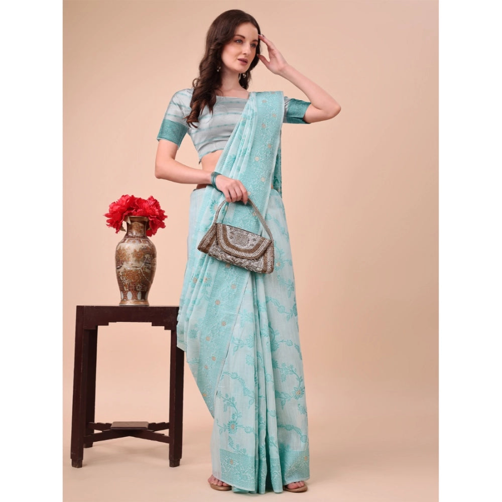 Women Cotton Printed Saree With Unstitched Blouse 5.5Mtr (Sky Blue)