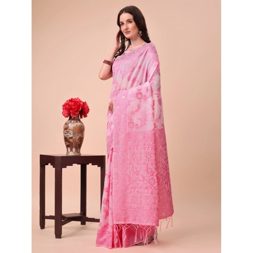 Women Cotton Printed Saree With Unstitched Blouse 5.5Mtr (Pink)