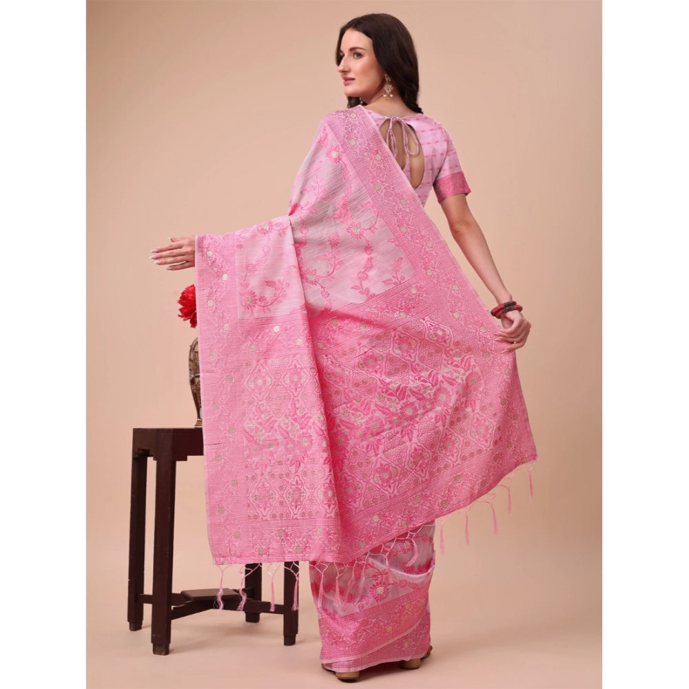 Women Cotton Printed Saree With Unstitched Blouse 5.5Mtr (Pink)