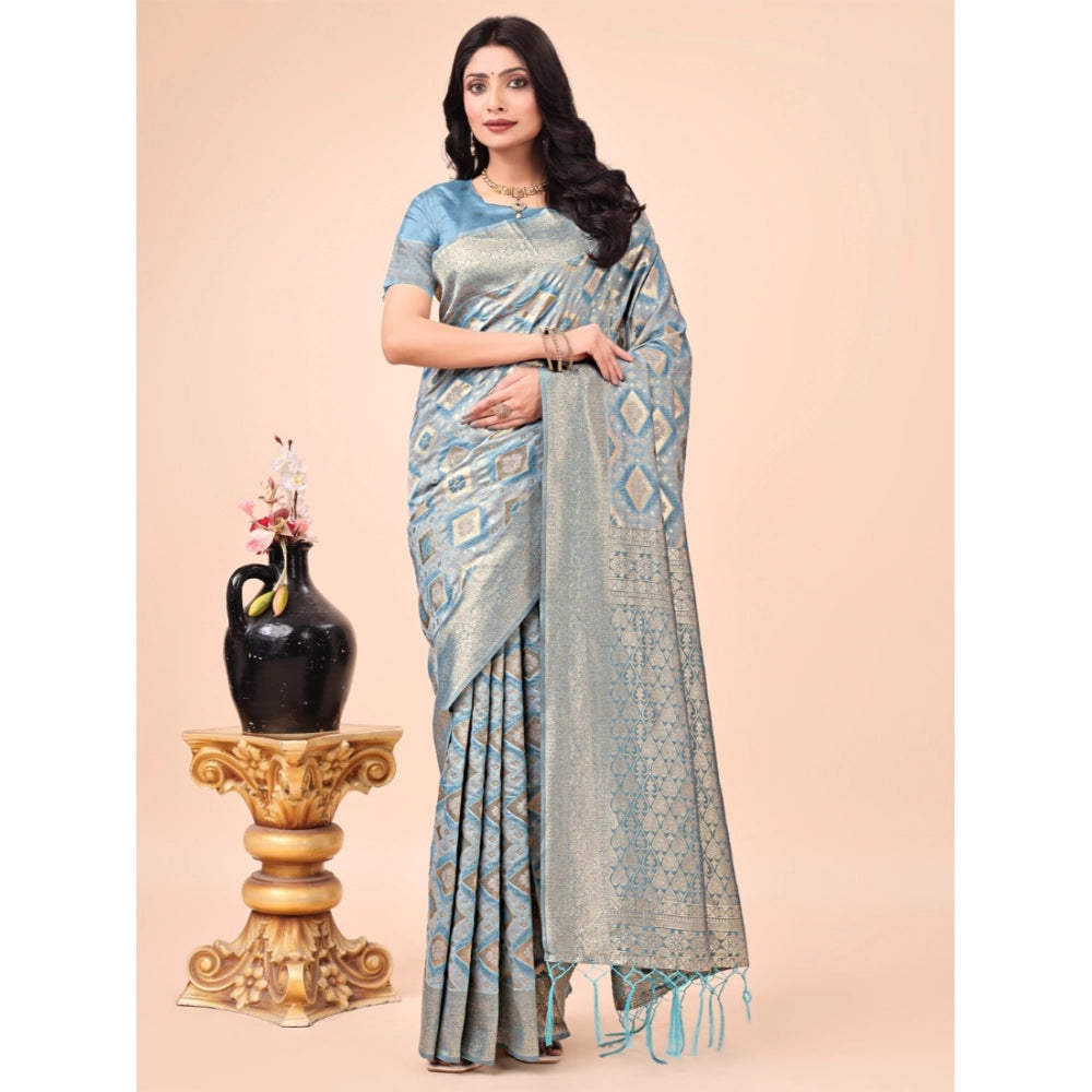 Women Cotton Printed Saree With Unstitched Blouse 5.5Mtr (Sky Blue)