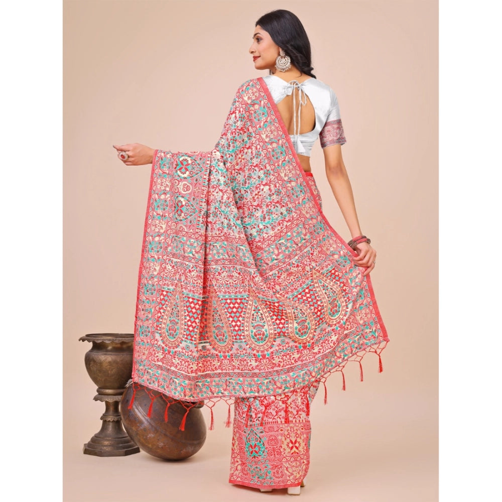 Women Cotton Printed Saree With Unstitched Blouse 5.5Mtr (White)
