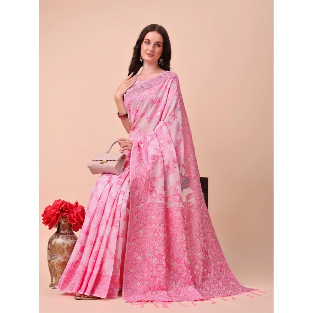 Women Cotton Printed Saree With Unstitched Blouse 5.5Mtr (Pink)