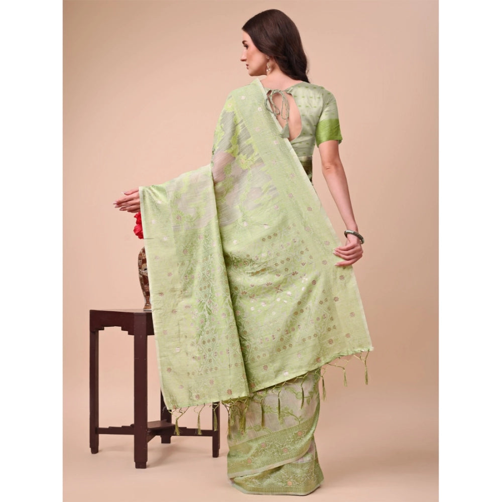 Women Cotton Printed Saree With Unstitched Blouse 5.5Mtr (Light Green)
