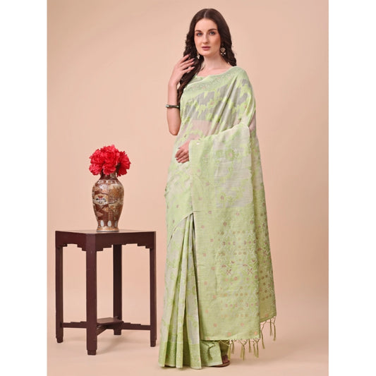 Women Cotton Printed Saree With Unstitched Blouse 5.5Mtr (Light Green)