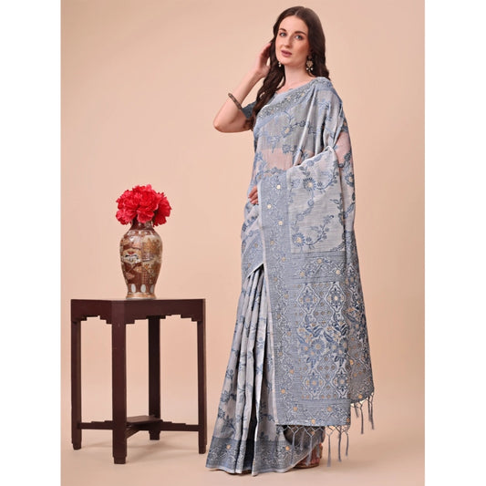 Women Cotton Printed Saree With Unstitched Blouse 5.5Mtr (Grey)