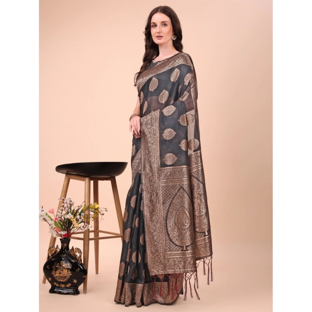 Women Cotton Printed Saree With Unstitched Blouse 5.5Mtr (Black)