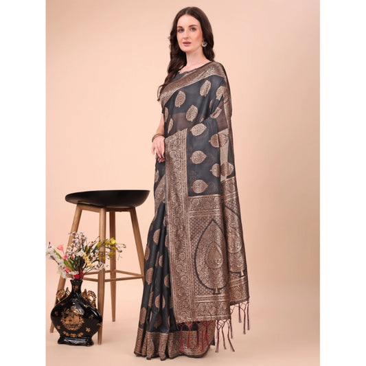 Women Cotton Printed Saree With Unstitched Blouse 5.5Mtr (Black)